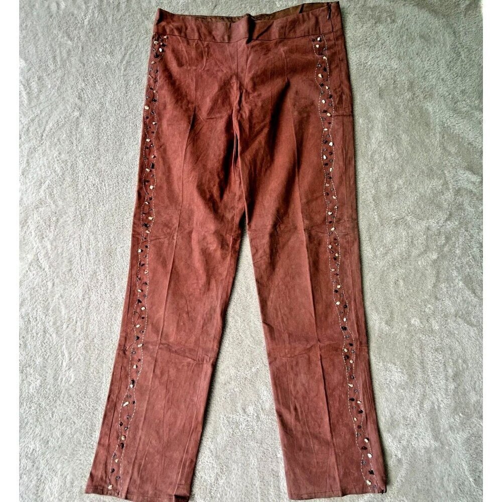 Sandra Joy Faux Suede Custom Pants Gemstones Handmade Waist 32" Boho Hippie